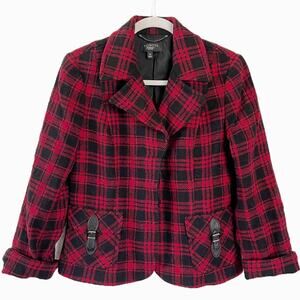 Talbots Black And Red Plaid Winter Holiday Blazer Size 10P EUC